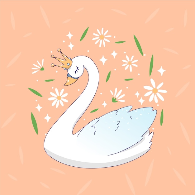 Princesa de dibujos animados de cisne rodeada de flores y hojas