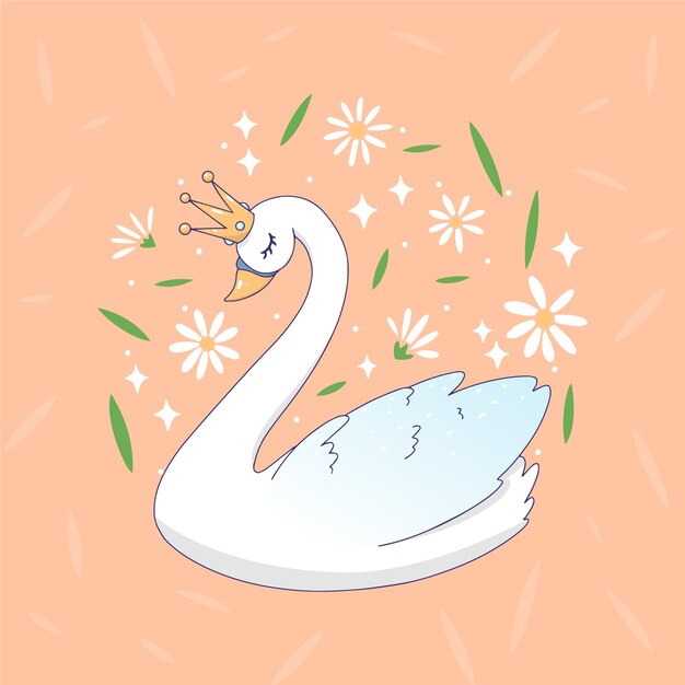 Princesa de dibujos animados de cisne rodeada de flores y hojas