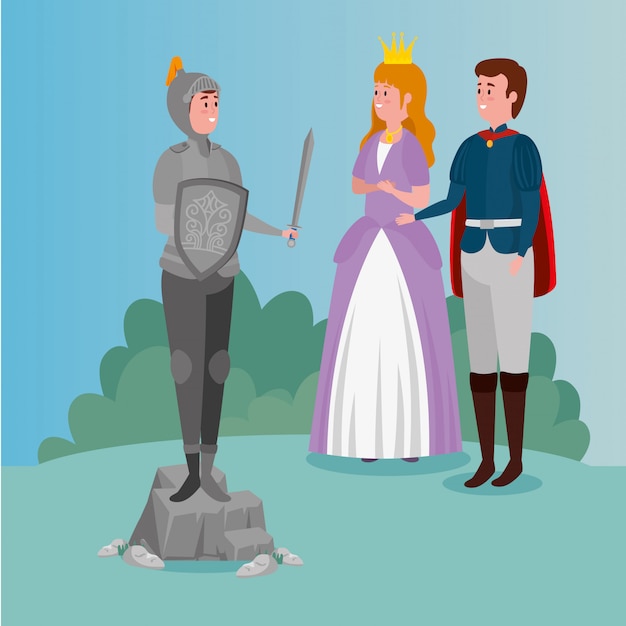 Vector gratuito princesa con príncipe y caballero con armadura en escena de cuento de hadas
