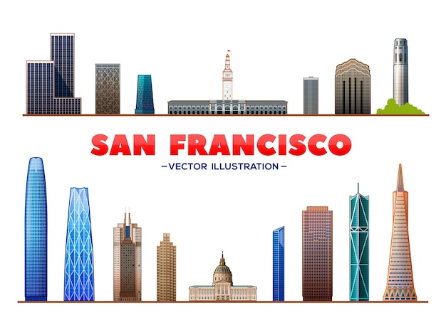 Los principales lugares de interés de la ciudad de San Francisco, EE. UU., en el fondo blanco, ilustración vectorial, concepto de viajes de negocios y turismo con edificios modernos, imagen para banner o sitio web