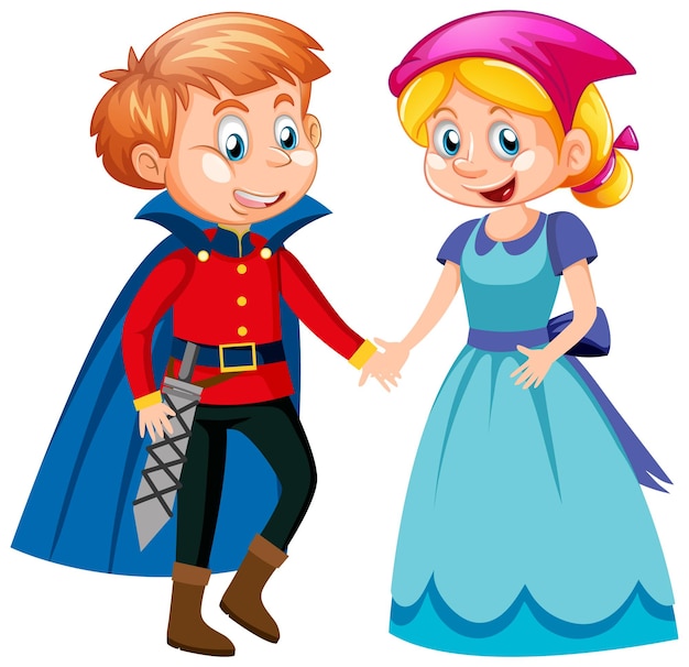 Príncipe y personaje de dibujos animados de mucama aislado sobre fondo blanco