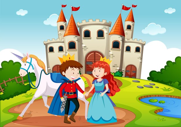 Príncipe y princesa en escena de tierra de cuento de hadas.