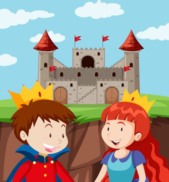 Vector gratuito príncipe y princesa felices en el castillo