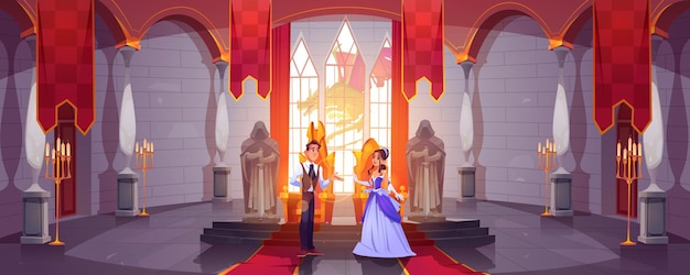 Príncipe y princesa en la sala del trono en el salón del castillo