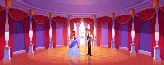 Príncipe y princesa en el salón de baile del castillo real. Fondo de dibujos animados con pareja en salón de baile redondo en palacio barroco con columnas, ventanas altas y cortinas rojas.