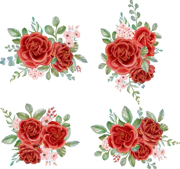 PrintRed Rose with Gold Line Ramo de arreglos florales de acuarela Elementos florales lujosos fondo botánico o diseño de papel tapiz impresiones e invitaciones y postales