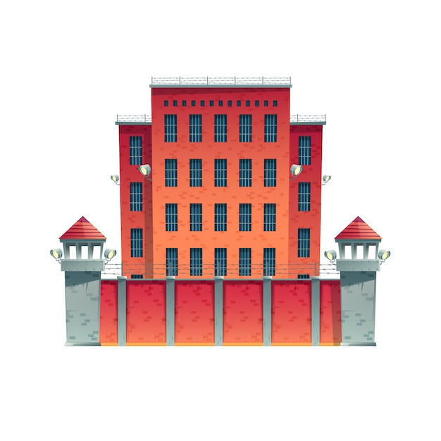Prisión moderna, edificio de la cárcel con paredes de ladrillo rojo, rejas en las ventanas.