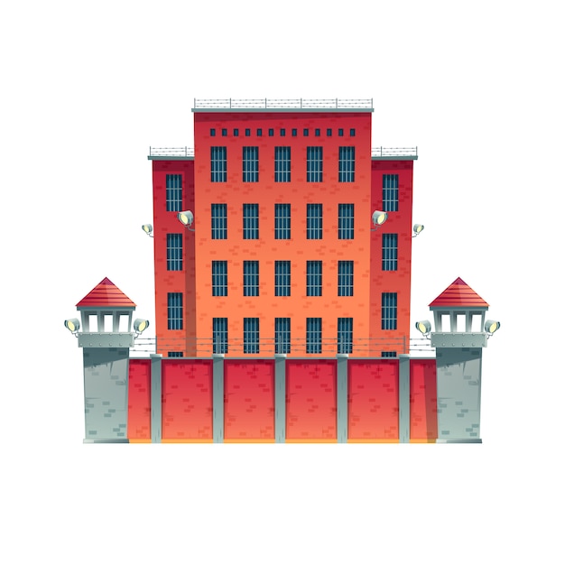 Vector gratuito prisión moderna, edificio de la cárcel con paredes de ladrillo rojo, rejas en las ventanas.