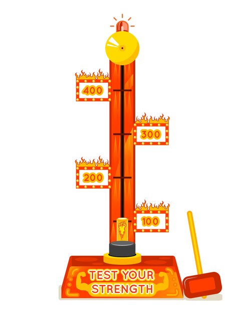 Probador de fuerza. Pon a prueba tu fuerza en el juego de diversión. Poder y fuerza, entretenimiento y festival.