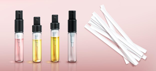 Probador de perfume, frascos de vidrio y tiras de papel