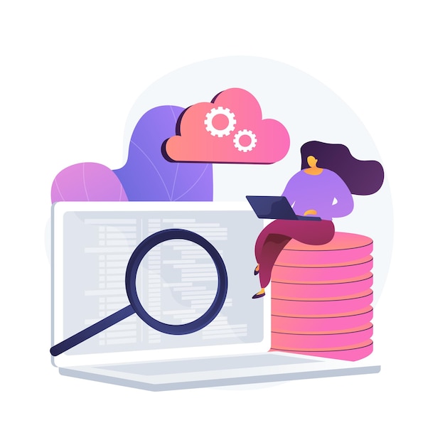 Probador de QA. Kit de desarrollo. Analizando código binario. Inspección cercana, codificación, verificación de script abierto. Administración de sitios web. Reafirmando la calidad. Ilustración de metáfora de concepto aislado de vector.