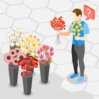 Vector gratuito problemas de los hombres para elegir las flores correctas en vista isométrica