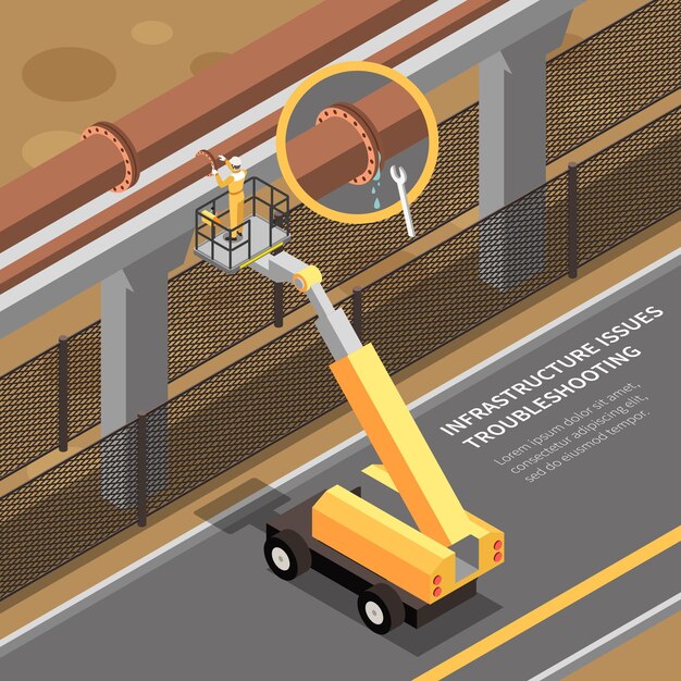 Problemas de infraestructura que solucionan problemas de composición isométrica con personas que trabajan en maquinaria industrial con ilustración de vector de plataforma elevadora