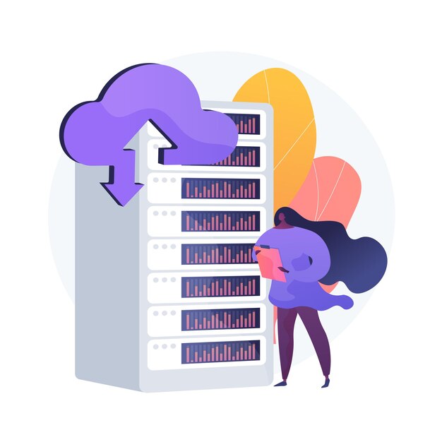 Procesador de hospedaje. Almacén de memoria de emergencia. Clúster de dominio, respaldo de emergencia, carga de archivos. Equipo de sala técnica. Centro de datos accesible. Ilustración de metáfora de concepto aislado de vector.