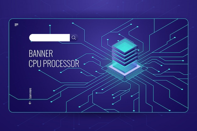 Procesamiento de big data, banner isométrico del procesador cpu, transferencia y cálculo de datos de red