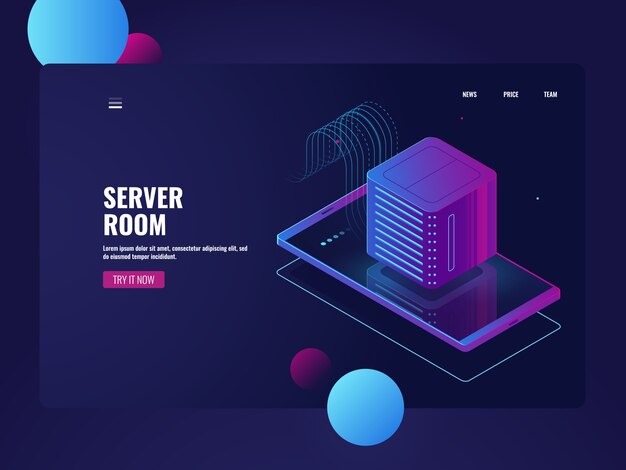 Procesamiento de big data, teléfono móvil con icono de sala de servidores, base de datos.