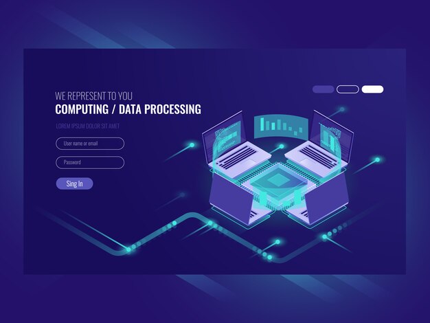 Procesamiento de grandes datos y proceso de cálculo, sala de servidores, hospedaje web servidores vps