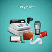 Vector gratuito procesamiento de pagos en billetera terminal pos con composición realista de caja registradora de dinero en turquesa