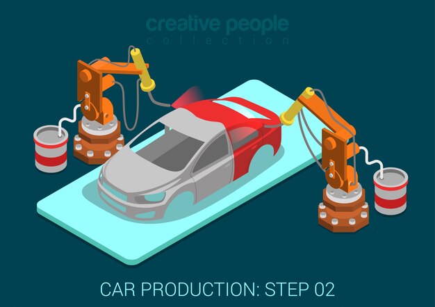 El proceso automático de la planta de producción de automóviles que pinta el robot automático funciona ilustración del concepto de infografía isométrica plana. Robots de pintura en aerosol en taller de montaje.
