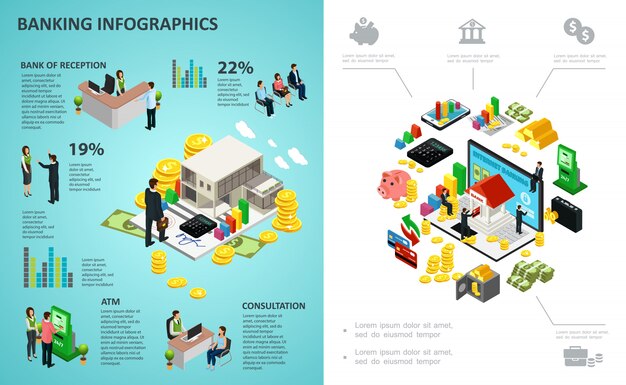 Proceso bancario isométrico infografía con pagos en línea dinero monedas lingotes de oro calculadora clientes banco trabajadores