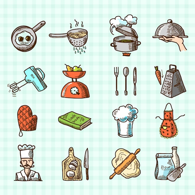 Proceso de cocción deliciosa comida dibujo de color iconos conjunto aislado en cuadrado de fondo ilustración vectorial