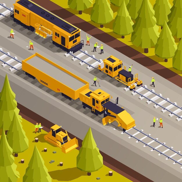 Proceso de colocación de vías férreas isométricas con maquinaria ferroviaria y personas trabajadoras ilustración vectorial 3d