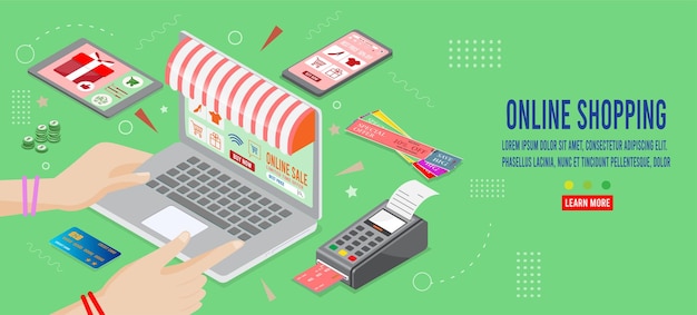 Proceso de compra y pago en línea en computadora, teléfono inteligente y tableta