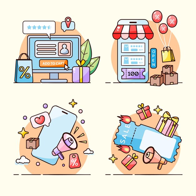 Proceso de compra y pago en línea en computadora, teléfono inteligente y tableta