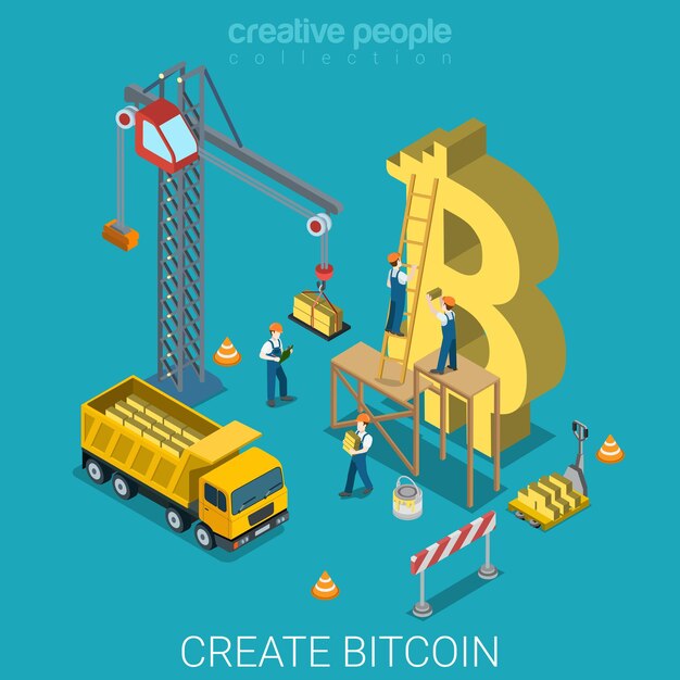 Proceso de creación de Bitcoin moneda criptográfica alternativa isométrica plana
