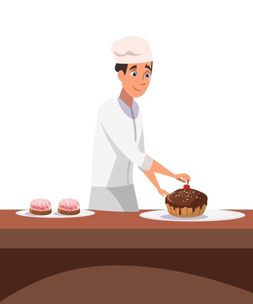 Proceso de elaboración de pasteles pastelero profesional alegre en personaje de dibujos animados uniforme Cocina de panadería de confitería y cocinero feliz decorando delicioso postre con cereza