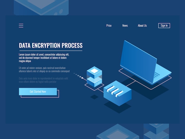 Proceso de encriptación de datos, protección de información digital, sala de servidores, almacenamiento en la nube.