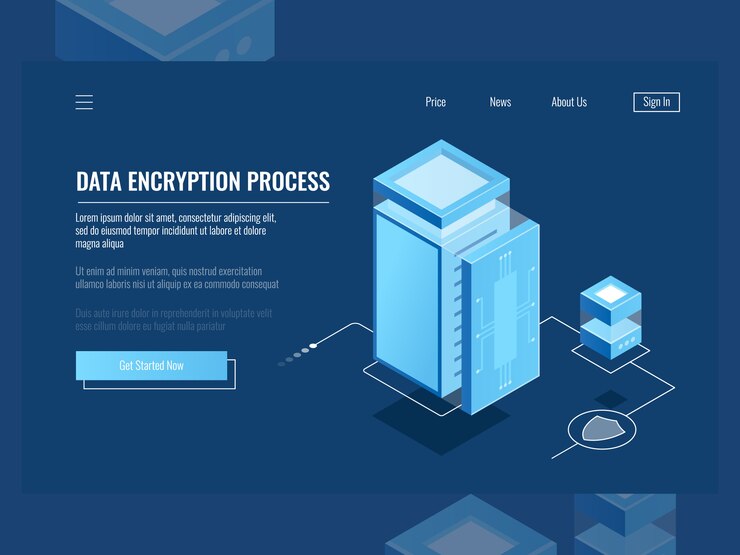 Vector gratuito proceso de encriptación de datos, protección de información digital, sala de servidores, almacenamiento en la nube.