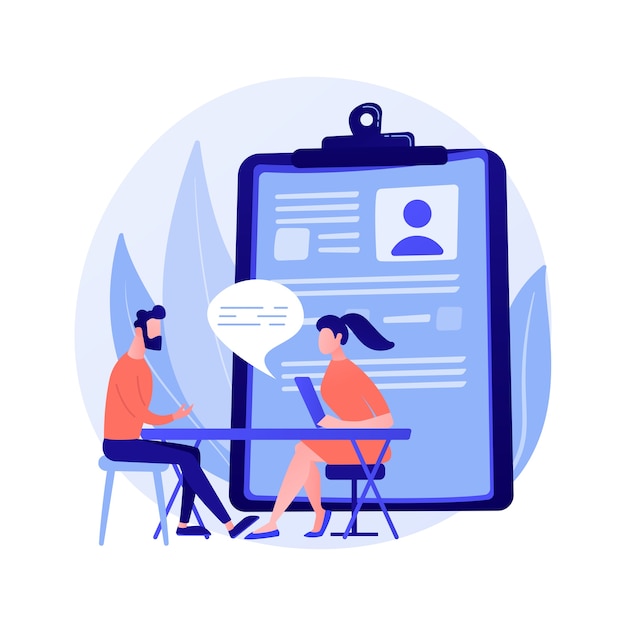Proceso de entrevista de trabajo. Contratación de nuevos empleados. Personaje de dibujos animados especialista en recursos humanos hablando con el nuevo candidato. Reclutamiento, empleo, ilustración del concepto de headhunting