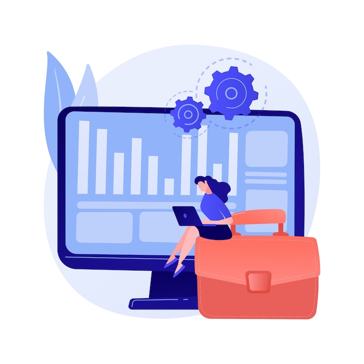 Vector gratuito proceso de inventario. operación financiera. informes de impuestos, software de gestión, programa empresarial. mujer haciendo contabilidad y auditoría de personaje de dibujos animados.