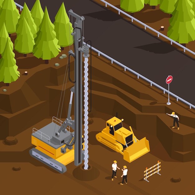 Proceso de perforación de pozos con maquinaria de plataforma de perforación fuera de la ciudad cerca de la carretera ilustración vectorial isométrica 3d