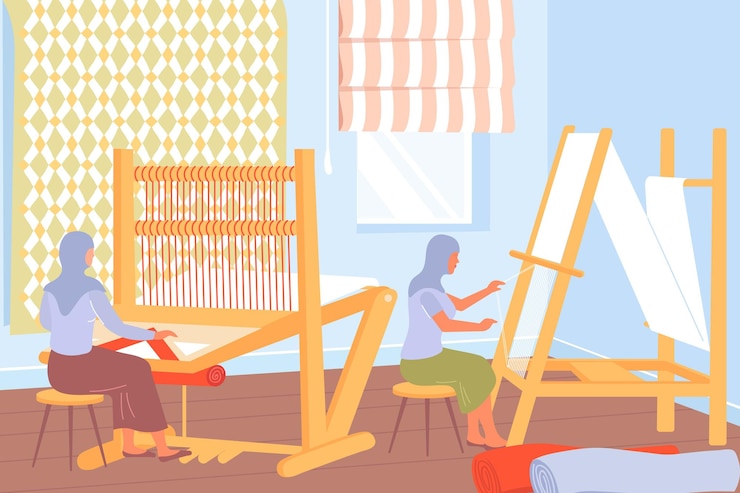 Vector gratuito proceso de producción de alfombras con mujeres que trabajan en telares planos