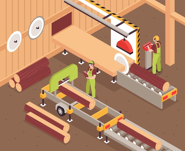 Proceso de producción de muebles de madera con troncos en el transportador y trabajadores de la fábrica ilustración isométrica 3d