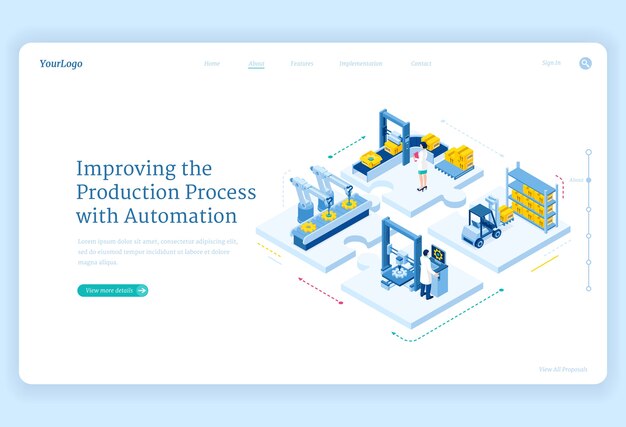 Proceso de producción con página de aterrizaje isométrica de automatización. Brazos robóticos de fábrica en cinta transportadora, logística de almacén inteligente, revolución industrial cyborg, trabajo de planta que mejora el banner web 3d