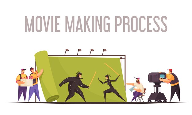 Proceso de realización de películas composición de dibujos animados plana con director de cine y operador de cámara disparando actores de lucha