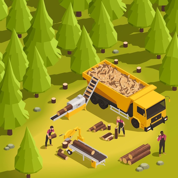Vector gratuito proceso de trabajo de aserradero y madera en bosque isométrico 3d