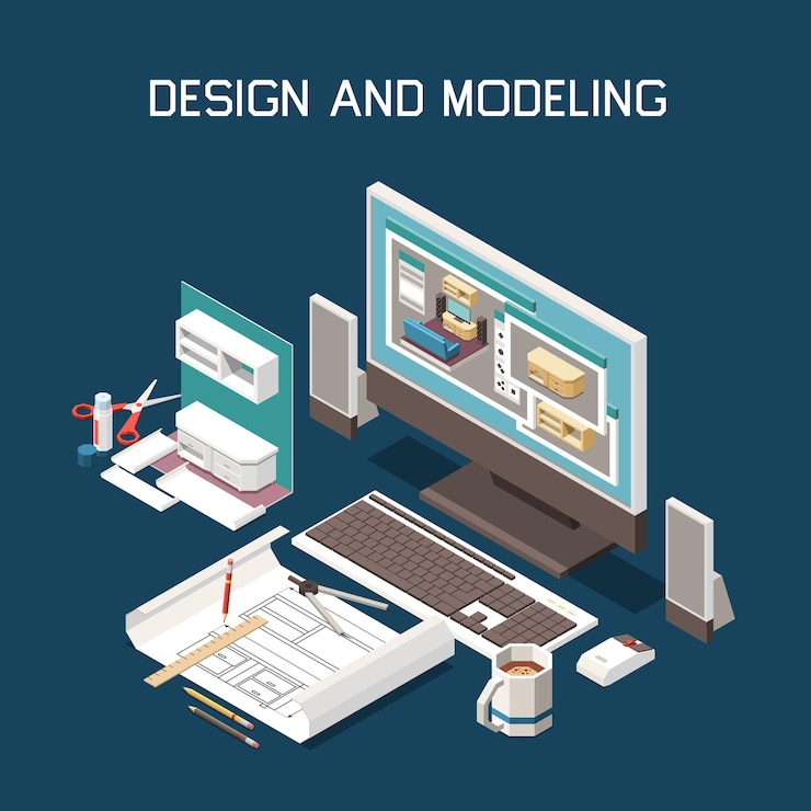Vector gratuito producción de carpintería modelado por computadora instrucciones de construcción de muebles software de dibujo técnico composición isométrica
