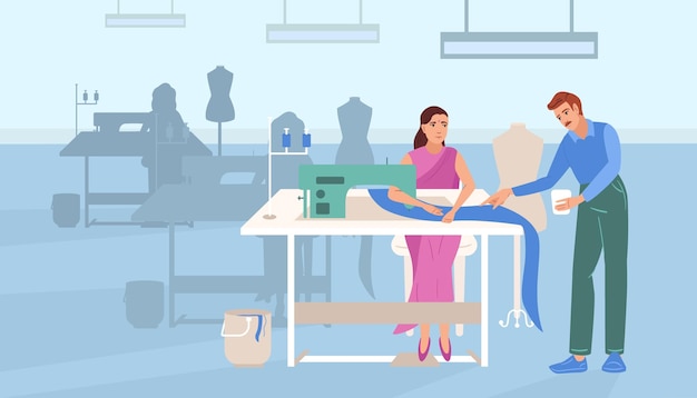 Producción de prendas de vestir composición plana con vista interior de la fábrica con lugares de trabajo máquinas de coser y personas ilustración vectorial