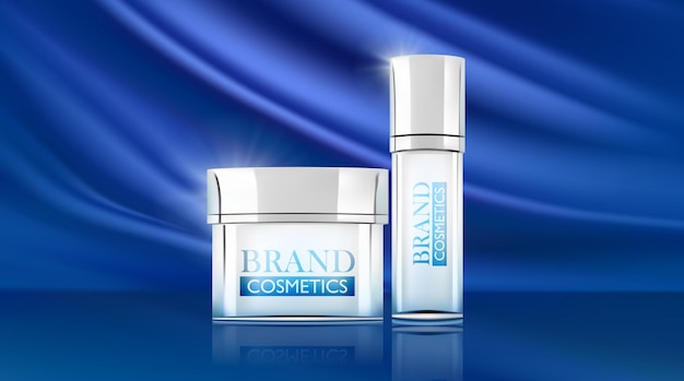 Producto cosmético con fondo de tela azul fondo mínimo para la marca