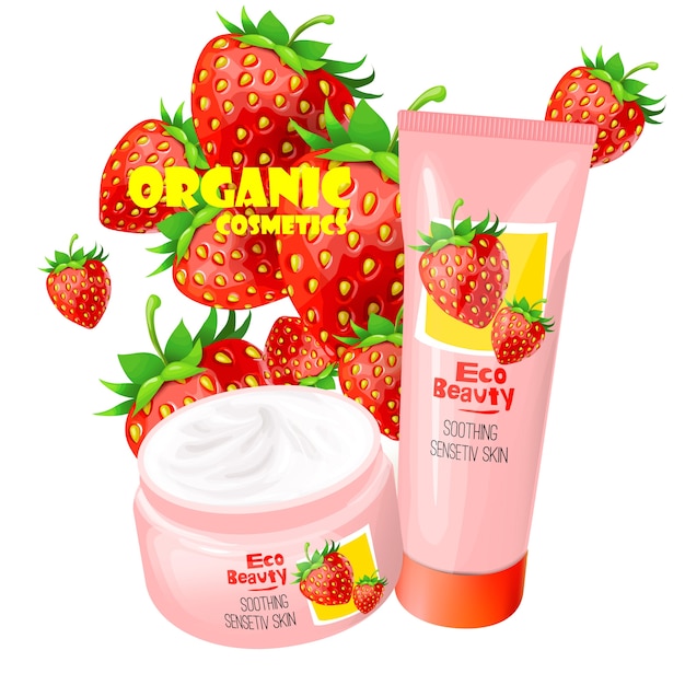 Vector gratuito producto cosmético orgánico con vector de fresas