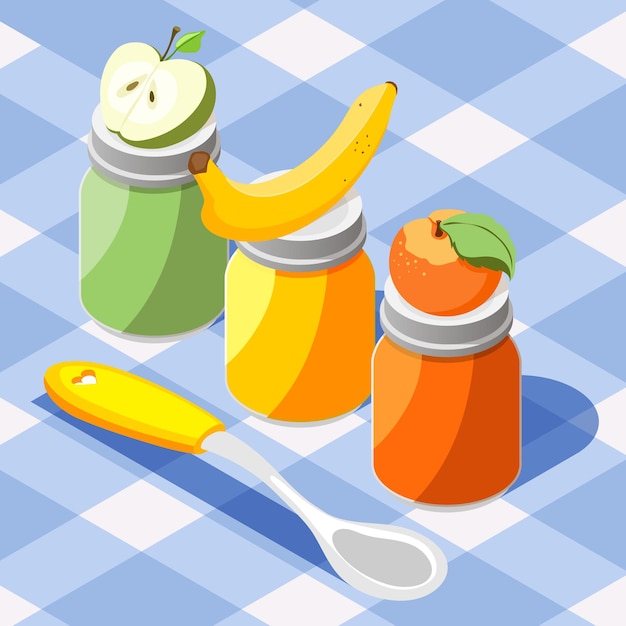 Vector gratuito productos de alimentación para bebés composición colorida isométrica con ilustración de mantel de tarros de puré de fruta de melocotón de plátano de manzana