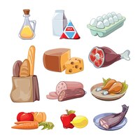 Vector gratis productos alimenticios cotidianos comunes. conjunto de imágenes prediseñadas de dibujos animados, queso y pescado, salchichas y leche