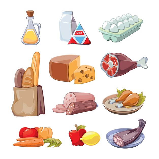 Productos alimenticios cotidianos comunes. Conjunto de imágenes prediseñadas de dibujos animados, queso y pescado, salchichas y leche