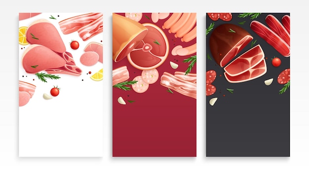 Productos cárnicos 3 tarjetas de fondo apetitosas con salchichas de jamón rebanadas de tocino rayado ilustración de vector de pierna de cerdo ahumado