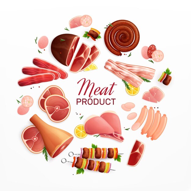Productos cárnicos promoción publicitaria composición circular plana con filete de jamón salchichas tocino pan de carne carne de res ilustración