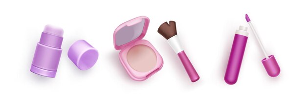 Los productos de maquillaje se colocan aislados sobre un fondo blanco